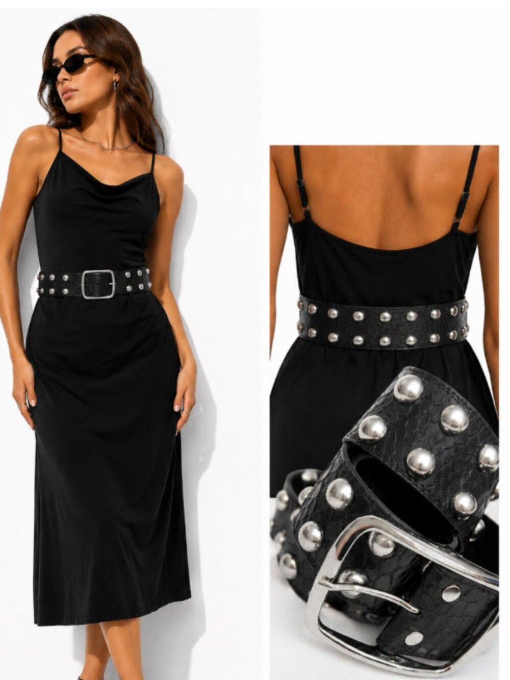 Black Leather Studded Belt Silver Buckle Wide Rock Punk Goth Small Chic Y2K